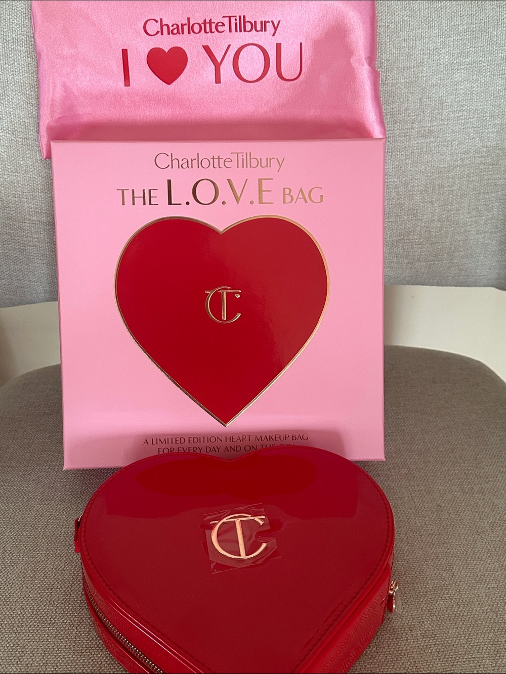 Charlotte Tilbury Red Heart L.O.V.E. Makeup Bag with Gold CT Logo